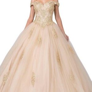 Elegant Champagne Ball Gown with Gold Embroidery